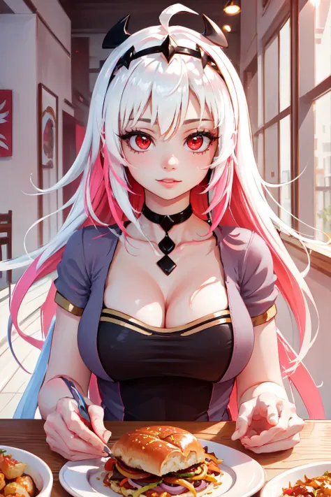 Highly detailed, High Quality, Masterpiece, beautiful, Nikusa, <lora:Nikusa:0.9>, 1girl, solo, colored inner hair, pink colored inner hair, red eyes, white hair, huge breasts, food, simple background, elbows on table, cup, blurry background, indoors, upper body, <lora:Pos_AcrossTable:1>