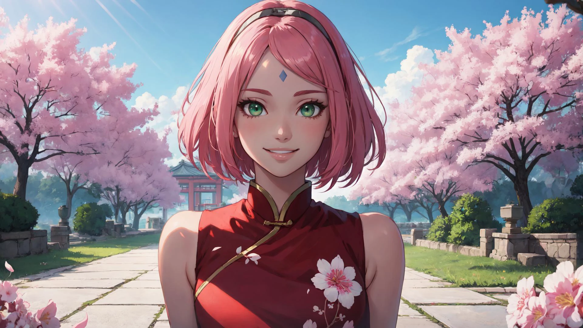 soft and warm color, movie still,bright, vivid,dreamy, evocative use of light and shadow, incredible beauty, anime style, vibrant, studio anime, beautiful, textural, ray tracing, absurdres, offical art, illustration, (((masterpiece))),(((best quality))),((ultra-detailed)), 1girl, aged_up, mature female, solo, looking at viewer, posing, flirting, <lora:naruto_sakuraharuno-17:0.8>, harunonewera, forehead mark, china dress, green eyes, sakura, sleeveless, collarbone, watch, smile, happy, upper-body, outdoors, nature, scenery, flowers, hayao miyazaki style, arms behind back,
