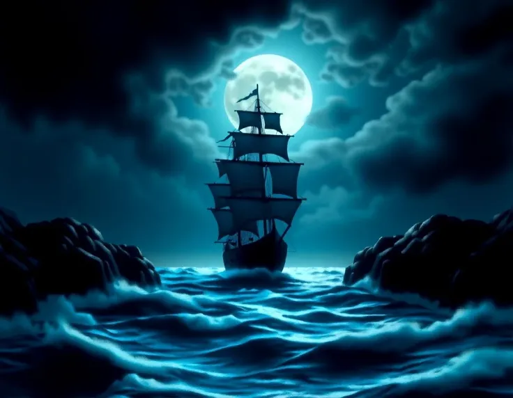 a pirate ship with tattered sails  crossing a straight rocky channel at night, the clouds in angry skies above part to reveal a full moon which is reflected on the stormy ocean waves.   extreme detail, flawless composition, dramatic lighting