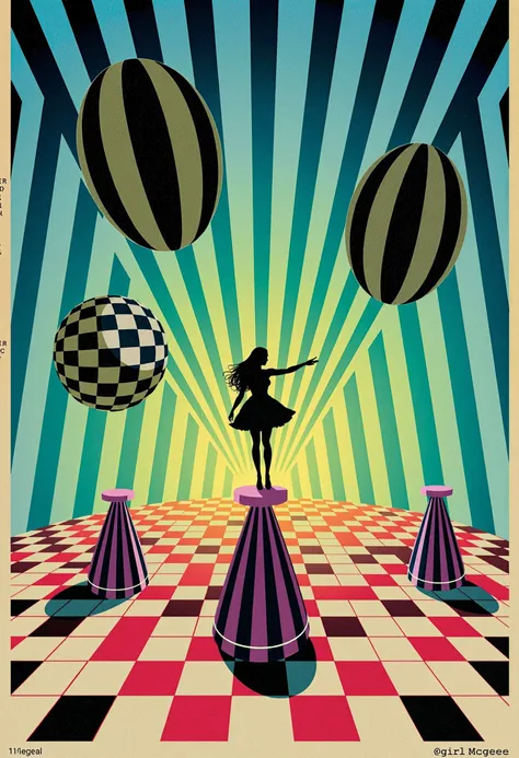 Surreal illustration of 1girl mcgee's alice madness returns fighting for balance on shifting grounds made of checkered plates. The background is made of stripes and vibrant rays of light. Giant phials are floating through the air  <lora:flux\flux_lines-test>