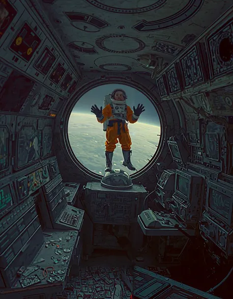 inside a derelict and haunted spaceship.  broken control panels and broken screens.  a decomposed corpse floating in the background y wearing a spacesuit.  a window in the background shows a scene in outer space, adding to the feeling of desolation and loneliness.