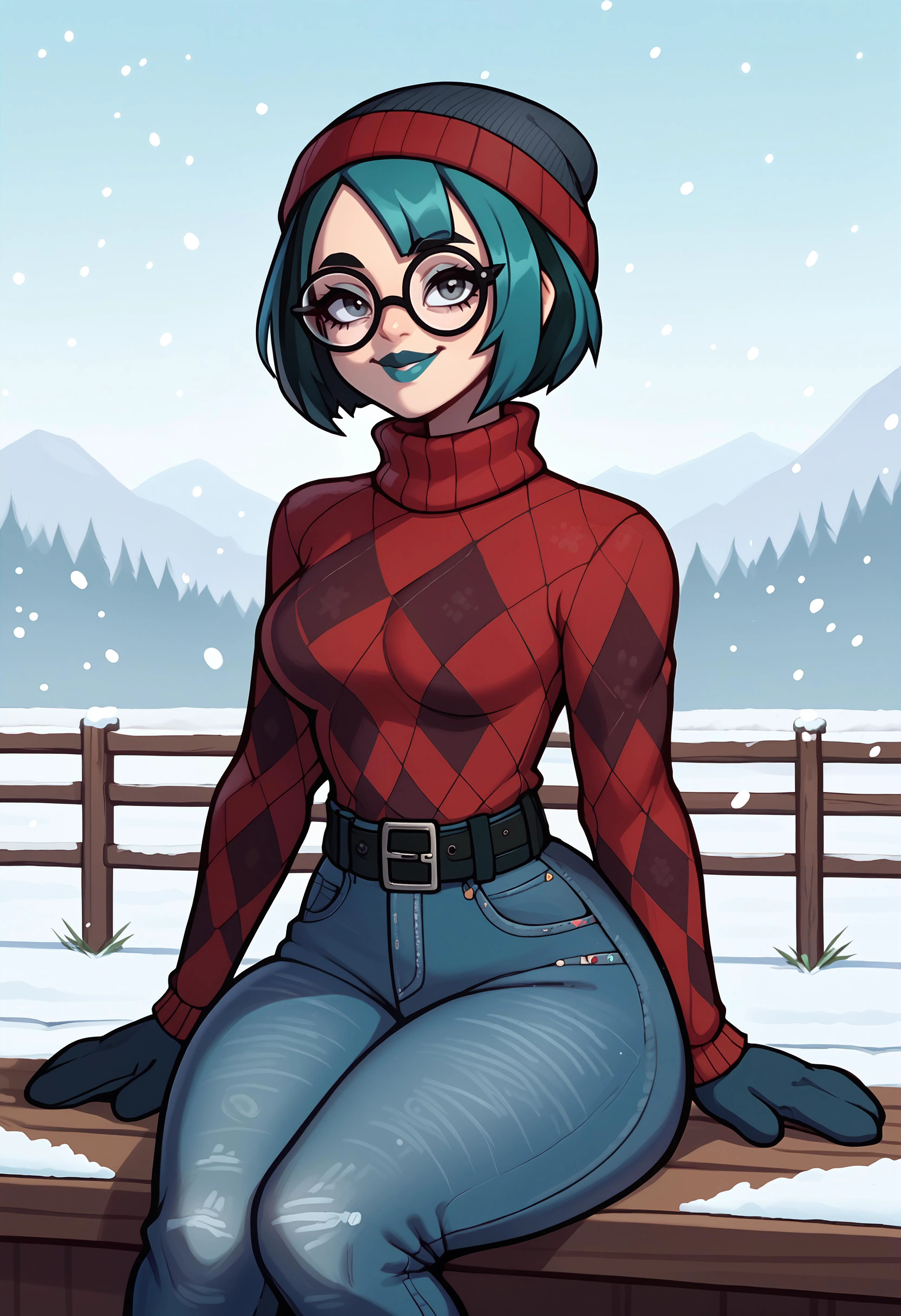score_9, score_7_up BREAK gwentd,two-tone hair, lipstick, makeup,turtleneck sweater,cable knit,argyle,high-waist jeans,belt,round-frame glasses,light smile,beanie,outdoors,mittens,snowing,looking at viewer,sitting <lora:gwentd-guy-PONY-LyCORIS-v1:0.8>