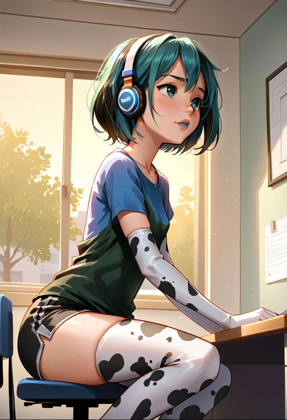 score_9, score_8_up, score_7_up, source_anime, mrls, idemitsu, rating_questionable,
1girl, solo focus, gwentd, two-tone hair, lipstick, makeup, dark_green_eyes, loose t-shirt, shorts, headphones,(cow_print_elbow_gloves_cow_print:1.3, cow_print_thigh_highs:1.3), from side, sitting at desk, drawing, head in hand, looking down at desk,
detailed background, apartment interior, open window, ((night))