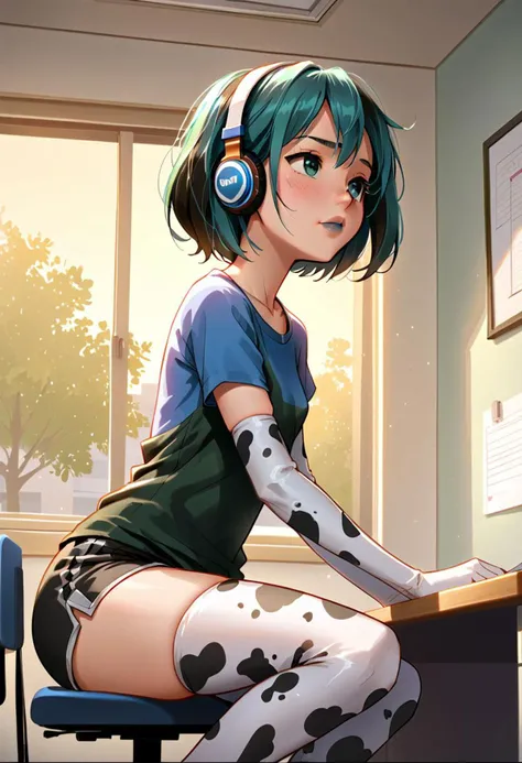 score_9, score_8_up, score_7_up, source_anime, mrls, idemitsu, rating_questionable,
1girl, solo focus, gwentd, two-tone hair, lipstick, makeup, dark_green_eyes, loose t-shirt, shorts, headphones,(cow_print_elbow_gloves_cow_print:1.3, cow_print_thigh_highs:1.3), from side, sitting at desk, drawing, head in hand, looking down at desk,
detailed background, apartment interior, open window, ((night))
