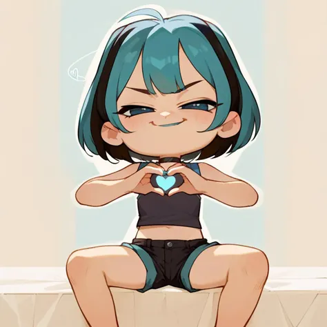 score_9, score_8_up, score_7_up, score_6_up, score_5_up, score_4_up, masterpiece, official art, source_anime, anime screencap, absurd quality, heavy outline, cartoon, Perfect Hands, perfecteyes, posmach, perfectly detailed face and body and eyes, (((solo))),
(((1 girl))), ((chibi)), skinny body, big eyes, (((flat chest))), skinny body, looking at viewer, posing, shorts, (((sleeveless shirt))), ,bitch slut, (((smug))), spread legs, gwentd, two-tone hair, black choker, lipstick, sitting, (((close up))), (((heart hands over pussy)))