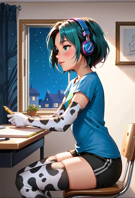 score_9, score_8_up, score_7_up, source_anime, mrls, idemitsu, rating_questionable,
1girl, solo focus, gwentd, two-tone hair, lipstick, makeup, dark_green_eyes, loose t-shirt, shorts, headphones,(cow_print_elbow_gloves_cow_print:1.3, cow_print_thigh_highs:1.3), from side, sitting at desk, drawing, head in hand, looking down at desk,
detailed background, apartment interior, open window, (night:1.5)