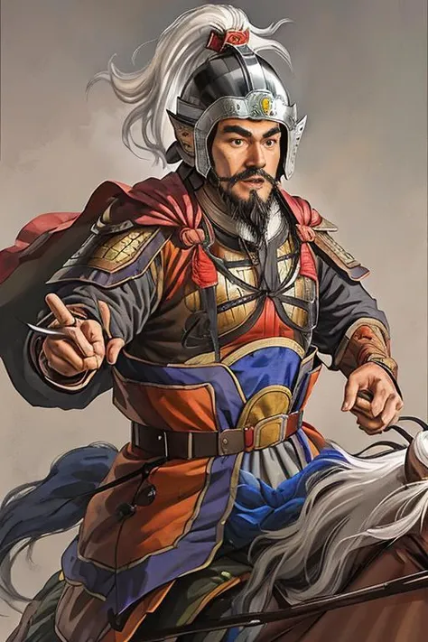 sanguozhi, 1boy, male focus, beard, facial hair, solo, horseback riding, quiver, helmet,riding, horse, holding weapon, armor, mustache, aiming, white hair <lora:ThreeKingdoms_loraV10_trigger_sanguozhi:1>