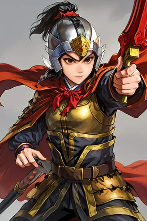sanguozhi, 1girl, female focus, beautiful face, solo, helmet, holding weapon, armor,  aiming, black hair, red cape <lora:ThreeKingdoms_loraV10_trigger_sanguozhi:1>
