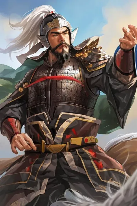 sanguozhi, 1boy, male focus, beard, facial hair, solo, horseback riding, quiver, helmet,riding, horse, holding weapon, armor, mustache, aiming, white hair <lora:ThreeKingdoms_loraV10_trigger_sanguozhi:1>