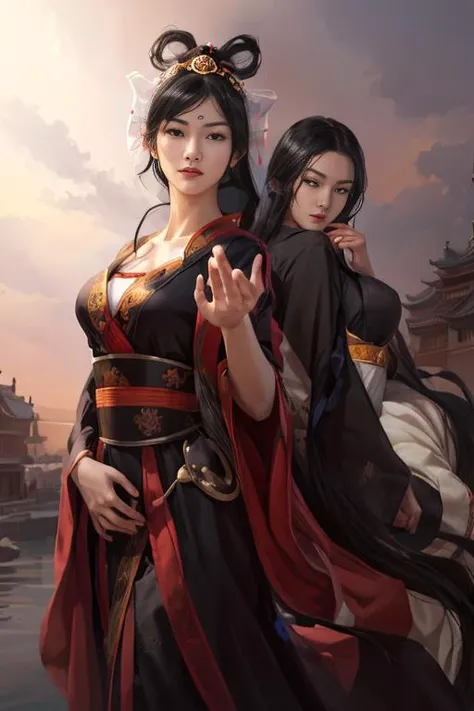 sanguozhi, 2girls, young woman, 18 years old, very slender, (VERY LARGE CHEST),VERY PALE SKIN,, (oval face), seductive, very long hair, black hair,
martial arts dress, smile,
<lora:sanguozhi:.7>,
fill Lighting, camera wide shot, Magnificent, Imperceptible detail, Intricately designed, (perfect quality face:1.1) hyper-detailed complex, insanely detailed, detailed clothes, detailed skin, perfect eyes, detailed body, realistic lights, realistic shadows, professional photo,