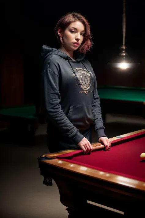 DEN_cait_lion_Steamgirl,
(playing snooker in a dark atmospheric pool hall wearing casual clothing and a hoodie, atmospheric, snooker, cue, playing snooker, leaning over the table:1.2),
bokeh, f1.4, 40mm, photorealistic, raw, 8k, textured skin, skin pores, intricate details <lora:epi_noiseoffset2:1>, epiCRealism <lora:ClothingAdjuster3:-1>