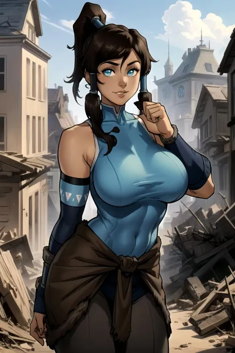 Korra (avatar, pele escura: 1.5, pele castanha: 1.5, cabelo castanho, tubos de cabelo, rabo de cavalo, blue eyes) hugging Asami Sato (black hair, green eyes), "(masterpiece, best quality, 8k, sharp focus, depth of field, best shadows, perfect lights, HDR, realistic skin texture, ultra-detailed, detailed background)", Anime style