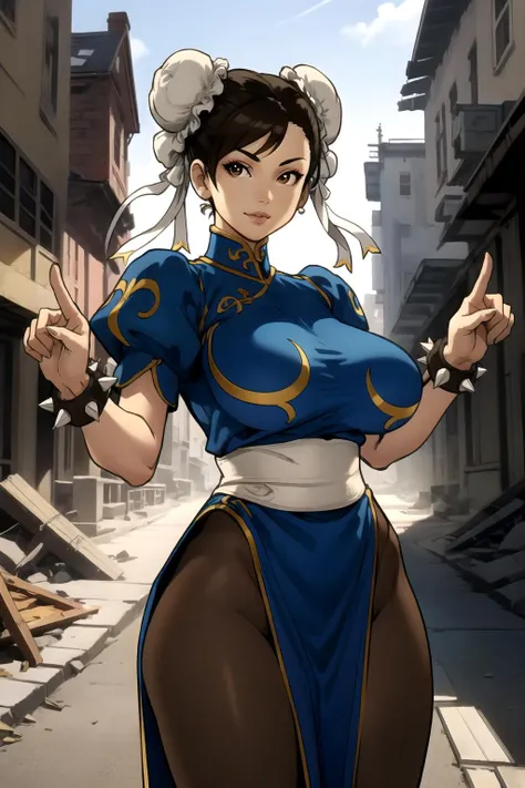 1girl, (solo:1.2), (looking at viewer:1.5), (interesting pose:1.2), (dynamic pose:1.2), (huge breasts:1.2), (happy:1.1), (cowboy shot:1.3), (curvy:1.4), wide hips, slender waist
<lora:Houtengeki [MockAi - v1.0]:0.8> houtengeki, soft shading, (masterpiece:1.3), (best quality:1.3), (perfect anatomy:1.4), highly detailed, <lora:SF - Chun-Li [FrogTheJam - v1.0]:0.9> chun li, brown eyes, short hair, brown hair, double bun, bun cover, blue dress, pelvic curtain, spiked bracelet, sash, brown pantyhose, (post fight scenery:1.3), rubble, outside, daylight