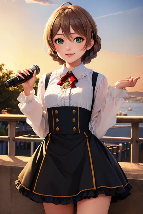 (masterpiece, best quality:1.2), <lyco:idolmaster_sakuramori-10:1.0>, cowboy shot, solo, 1girl, sakuramori kaori, smile, looking at viewer, holding microphone, braid, ahoge, frills, shirt, long sleeves, black skirt