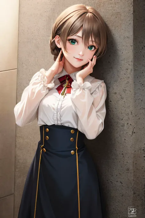 (masterpiece, best quality:1.2), <lyco:idolmaster_sakuramori-10:1.0>, cowboy shot, solo, 1girl, sakuramori kaori, smile, looking at viewer, hand on own face, braid, ahoge, frills, shirt, long sleeves, black skirt
