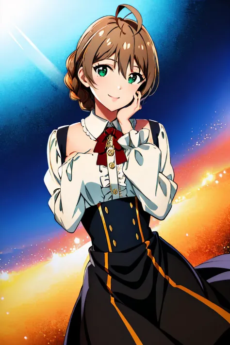 (masterpiece, best quality:1.2), <lyco:idolmaster_sakuramori-10:1.0>, cowboy shot, solo, 1girl, sakuramori kaori, smile, looking at viewer, hand on own face, braid, ahoge, frills, shirt, long sleeves, black skirt, high-waist skirt