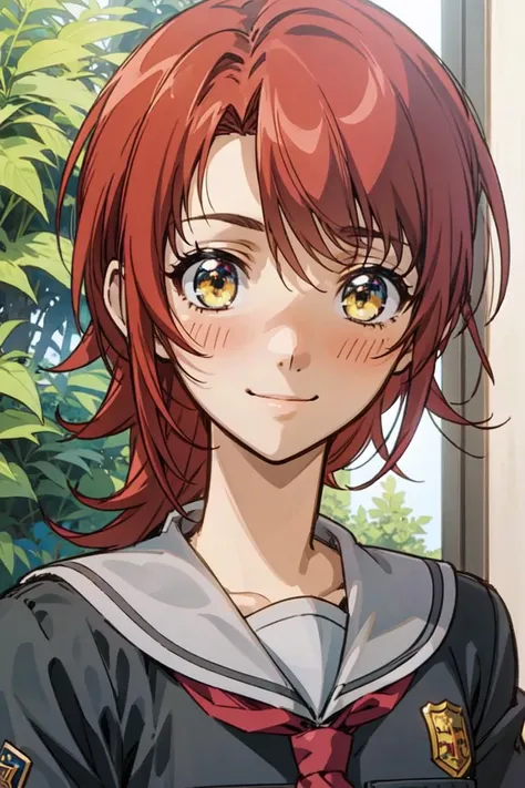 1girl, solo, smile, blush, corda kahoko-1, school uniform, badge, necktie, red hair, yellow eyes