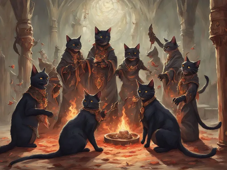 Demonic HuMeow warlocks performing a forbidden ritual <lora:SDXL-HuMeow-LoRA-r8-000003:1>