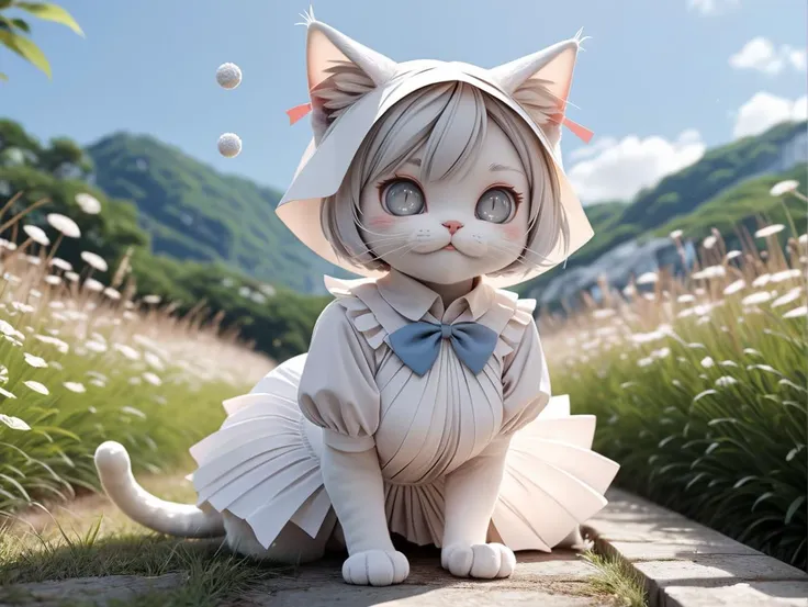 A white-haired kitten,adolable,spherical,afloat,shaggy,Big eyes,Non-human,in pink,Simple,Morandi color system