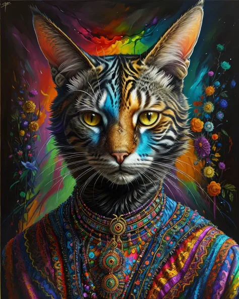 A psychedelic painting of a HuMeow <lora:SD15-HuMeow-LoRA:1>