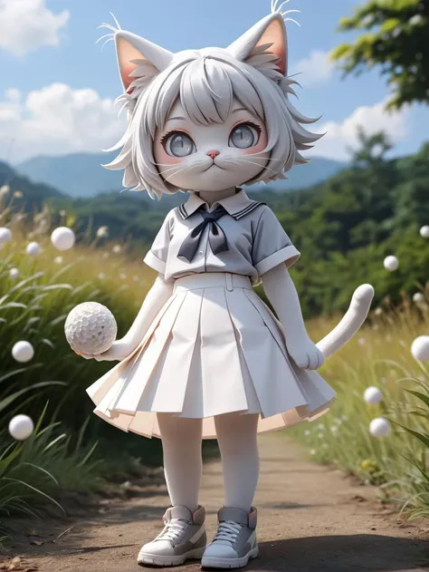vex1, (grey skin:1.3), upper body, outdoors, sky, simple background, day, closed mouth, glare, looking at viewer, side look, full body, mini skirt, medium breasts, white skin, ((school girl uniform outpit)), shirt arm pendek ,