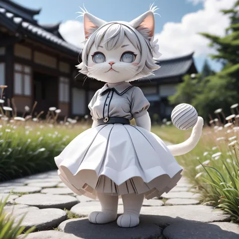 character:ball,(3:1),extremely detailed CG unity 8k wallpaper,(best quality), ((ultra-detailed)),(masterpiece), (high resolution),cute, HuMeow, white paper shirt,((beautiful gray detail eyes)),hair star,white paper detail pleated skirt,short hair,white hair,cat tail, (pleated paper ball on head),(hoing on paper ball),blue sky,[smile face on round wrinkle paper ball on ground],jitome,heavy snowy,grassland,blush stickers <lora:SDXL-HuMeow-LoRA-r8-000003:1>