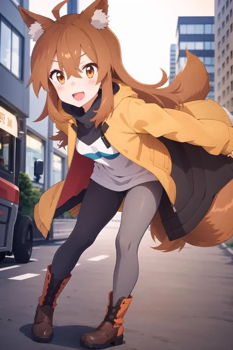 Masterpiece, best quality, perfect lighting, 1girl, solo, suzu, fox ears, fox tail, brown eyes, orange-brown hair, tech puffy jacket, dark grey leggings, black gloves, boots, medium hair, ahoge, hair between eyes, city scene, smile, front view, <lora:SuzuFix-4.0:0.75>