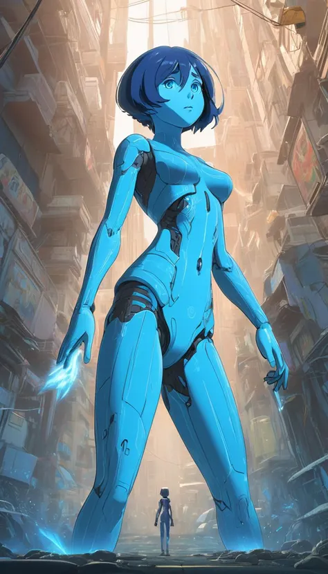 Cinematic scene, hero view, Cortana, action pose, detailed background, masterpiece, best quality, high quality, highres, absurdres <lora:cortana_xl_v1:1>, (Studio ghibli style, Art by Hayao Miyazaki:1.2), Anime Style, Manga Style, Hand drawn, cinematic, Sharp focus, humorous illustration, big depth of field, Masterpiece, concept art, trending on artstation, Vivid colors, Simplified style, trending on ArtStation, trending on CGSociety, Intricate, Vibrant colors, Soft Shading, Simplistic Features, Sharp Angles, Playful