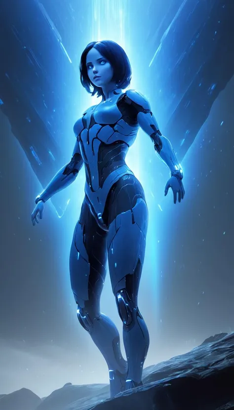 Cinematic scene, hero view, Cortana <lora:cortana_xl_v1:1>, ai, hologram, action pose, dramatic light, states, detailed background, masterpiece, best quality, high quality, absurdres