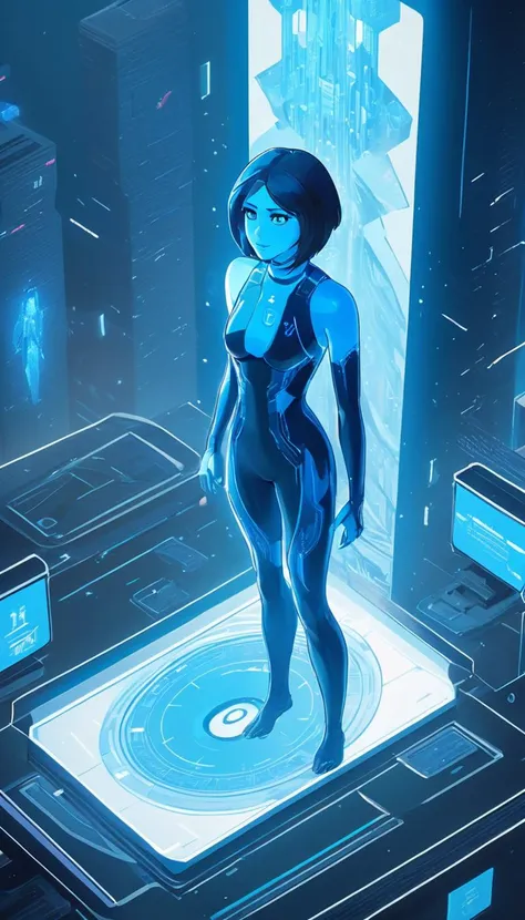 isometric style Cinematic scene, hero view, Cortana <lora:cortana_xl_v3:1>, action pose, detailed background, masterpiece, best quality, high quality, absurdres . vibrant, beautiful, crisp, detailed, ultra detailed, intricate