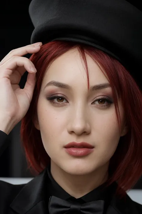 photo portrait of k4t5umi, red hair, (closeup:1.2), high key, studio, wearing a tuxedo and bowler hat <lora:k4t5umi:0.7>