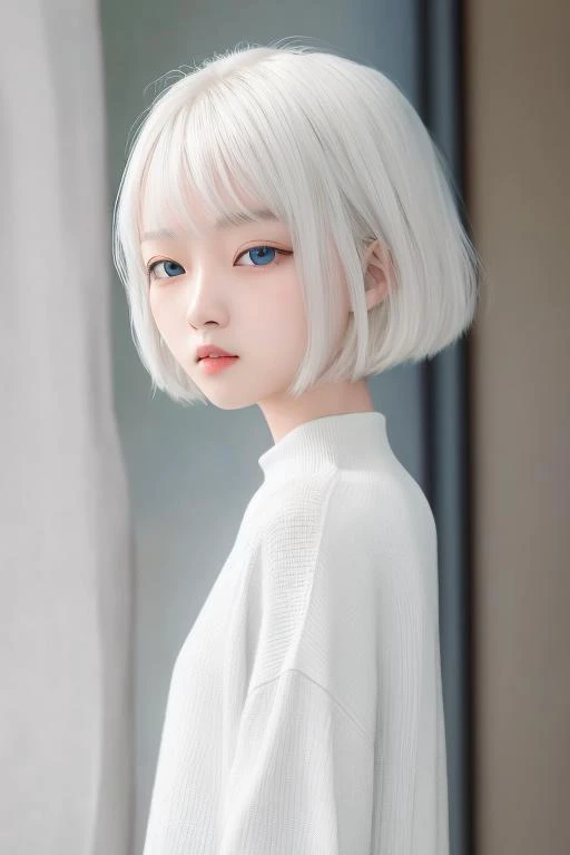 masterpiece,best quality,4k,realistic,1girl,solo,short hair,looking_at_viewer,blue eyes,upper body,simple background,t-shirt,white hair,