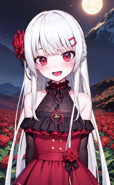 masterpiece,best quality,official art,extremely detailed CG unity 8k wallpaper, 1girl, solo, <lora:komori3-000018:0.75>,red eyes, aqua eyes, glowing eyes, white hair,hairclip, light smile, open mouth,outdoors,landscape,in summer, night, moon, mountain, flower field, night sky,star \(sky\),meteor,galaxy, flower,petals,standing, upper body,   (arms behind back:1.2),
