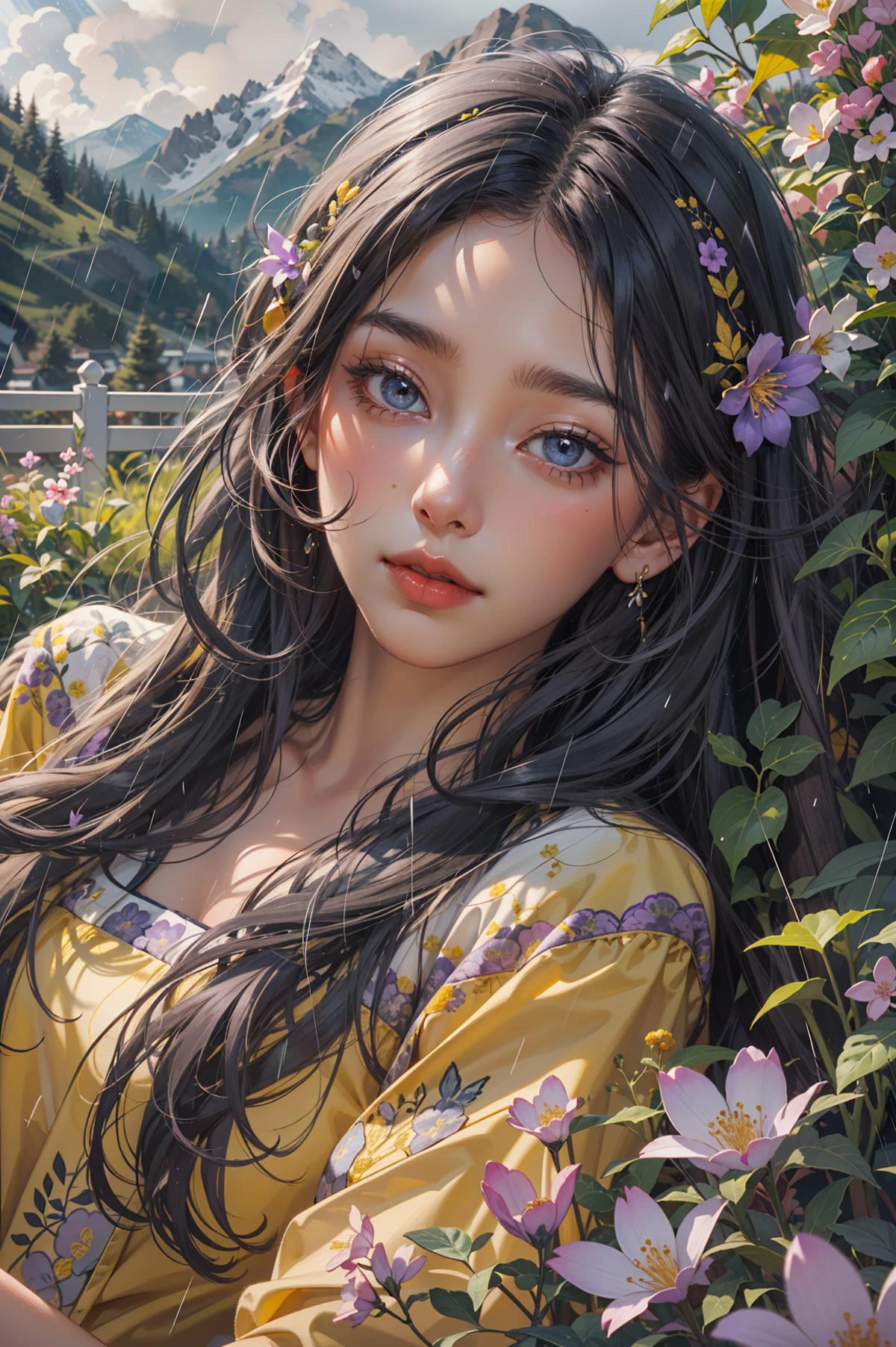 1 girl, upper body portrait close-up, black hair, flowing hair, hazy beauty, extremely beautiful facial features, yellow embroidered dress, hairpins on the head, lying in a bush, purple flowers, (spring, rainy days, terraces, mountains), simple vector art, contemporary Chinese art, soft light, layered form, overlook