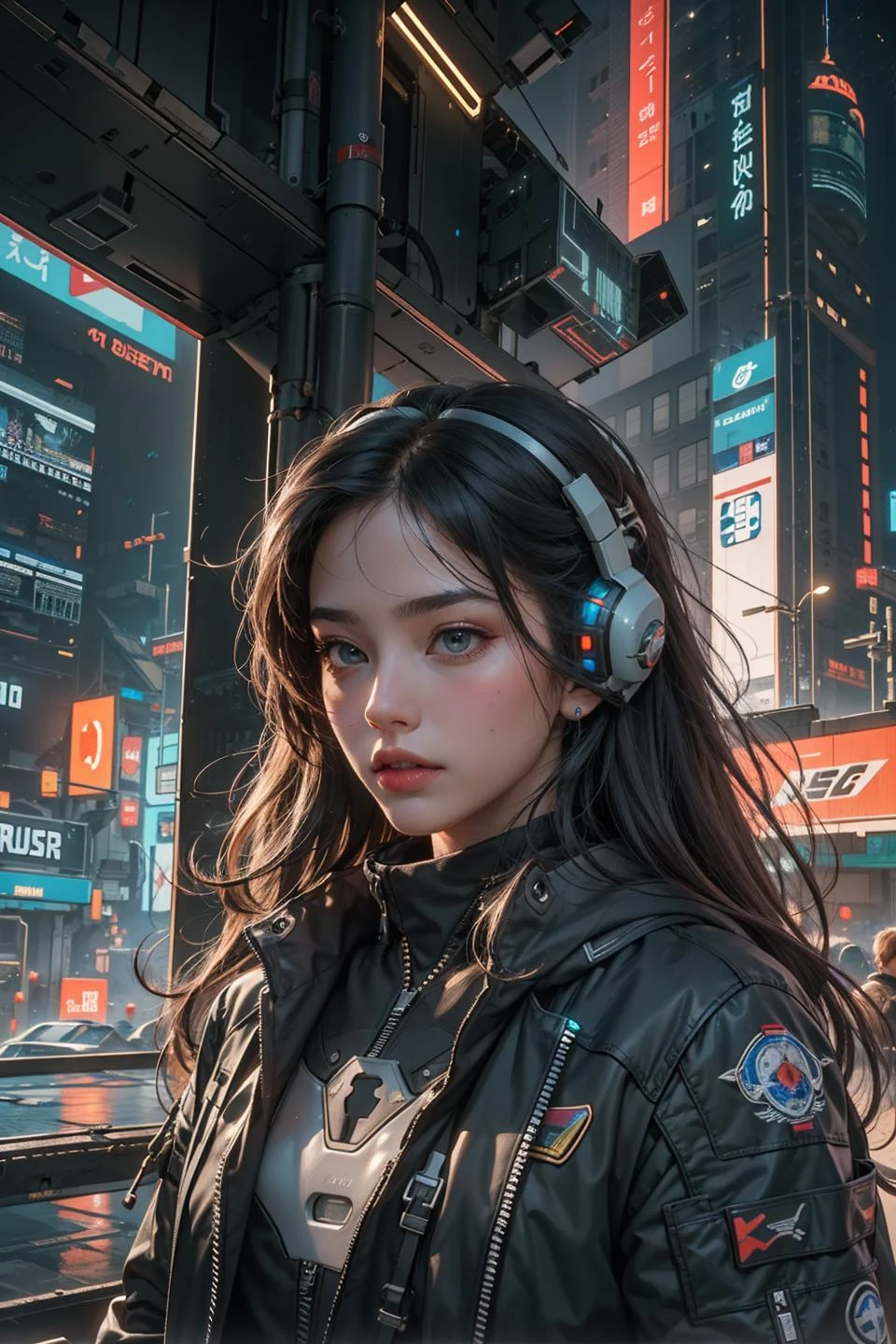 prompt:a beautiful woman,robotic_limbs,detailed face,upper_body,1girl,chaos,brutalist,vivid colors,aesthetic,(embroidery),(realistic, photorealistic),(masterpiece, best quality, ultra detailed),(intricate details, ultra realistic details, illustration),((sci-fi, science fiction, futuristic, cyberpunk)),[[buildings, skyscraper]],(((spacecraft))),(neon_lights),[cloak, cape, scarf].,.