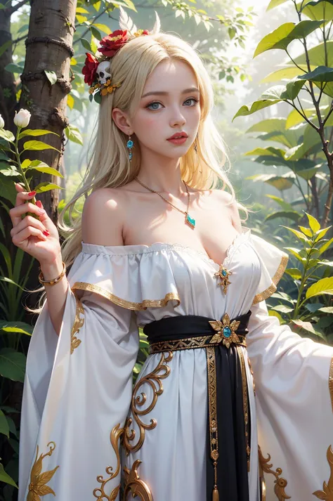 (absurdres, highres, ultra detailed)
1girl, jewelry, flower, earrings, long hair, dress, blonde hair, solo, tree, skull, hair ornament, white hair, holding, ring, bracelet, nature, bare shoulders, leaf, watermark, lips, necklace, gem, parted lips, outdoors, red lips, off shoulder, day, web address, wide sleeves, forest, orange flower, nail polish, sunlight, standing, red flower, branch, blue eyes