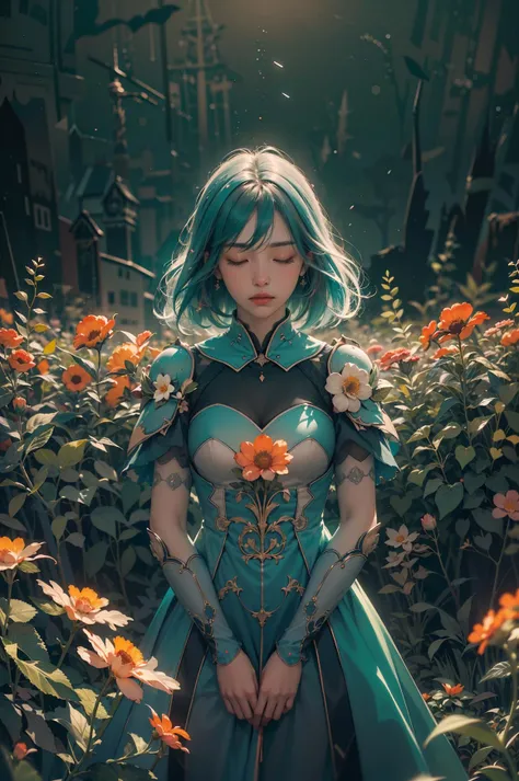 woman, flower dress, colorful, darl background,flower armor,green theme,exposure blend, medium shot, bokeh, (hdr:1.4), high contrast, (cinematic, teal and orange:0.85), (muted colors, dim colors, soothing tones:1.3), low saturation,