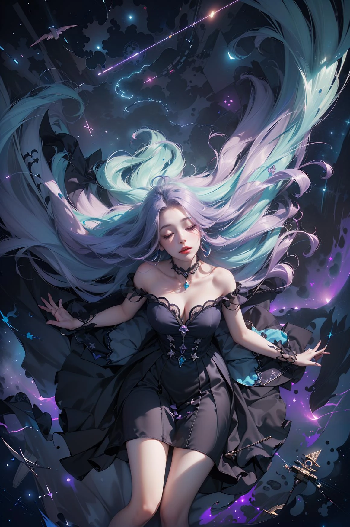 (Dreamweaver diva, phantasmal, surreal, night-sky hair, dreamscape, orchestrating, symphony of slumber, dress of dusk, floating among dreams, deep night, lullaby of the subconscious, dream orchestration scene,Neck,Unity, (from above):1.3)