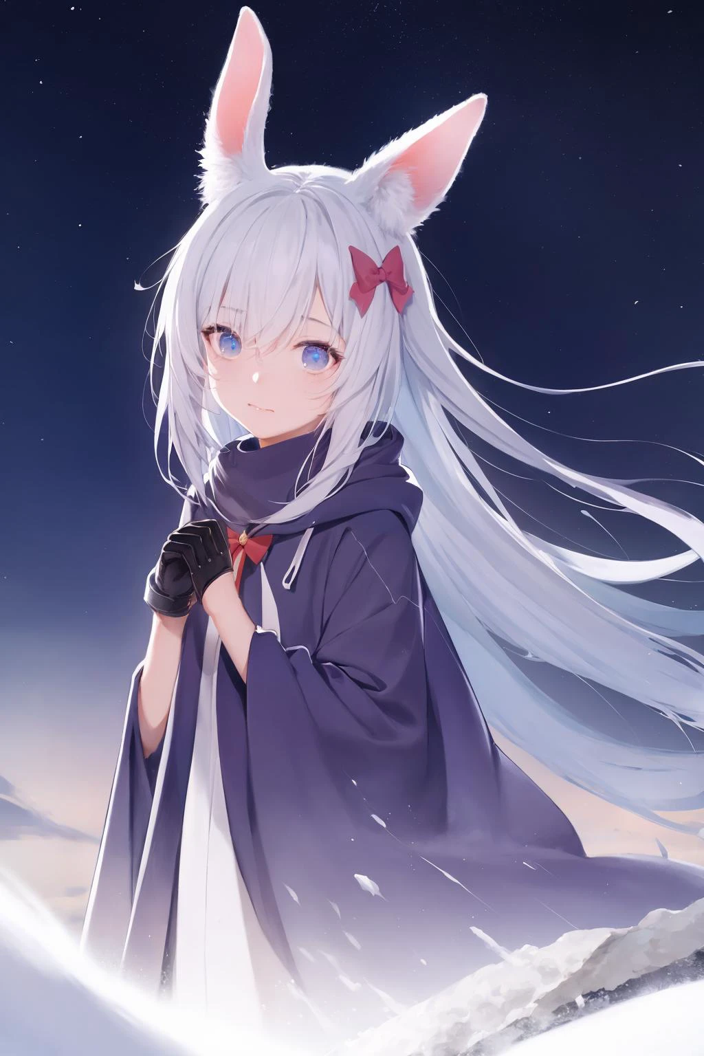 **kawaii girl, ++solo+, ++best quality, ++illustration\\, ++splendid//, ++minor//, ++wind//, ++perfect composition//,++gallant/, ++remnants//, ++morbid-//, ++occult//, ++deadly--, ++gloves^, **night view^\, ++ephemeral girl//, enthusiast, bewitching, *kawaii girl//, *light leaks\\, ++wind//, ++ink splashing, ++upper body, *stand still, ++outline//, ++character focus//, ++absurdly long hair, ++white hair//, ++bow, \+fluffy//, ++detailed eyes//, hoodie, ++detailed sky, ++rabbit*, ++rabbit*, scarf, ++illustration\\, ++booth//, ++booth//, ++booth//, ++illustration\\, ++illustration\\, ++illustration\\, ++illustration\\, ++best quality, ++best quality, ++best quality, ++best quality*, ++japanese//, snow, twilight, <lora:SilvermoonMix04:1>