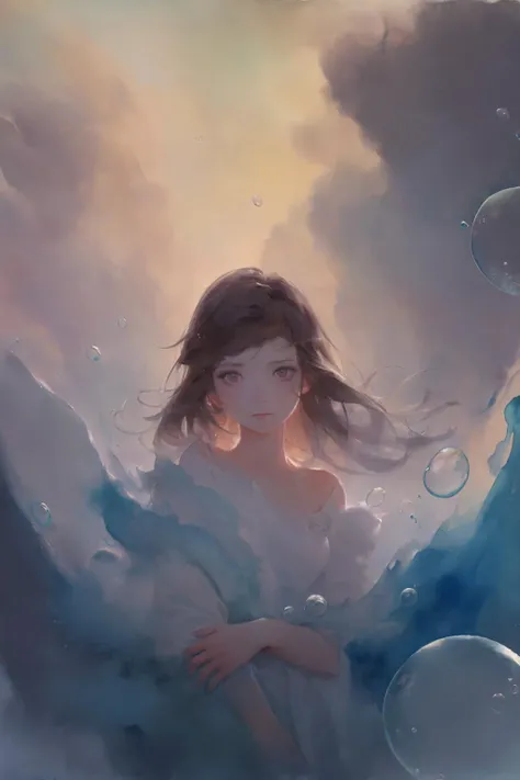 (masterpiece:1.1, highres:1.4) , 1 girl, watercolor style, (soft blending:1.2) , fluid colors, dreamy washes, delicate textures, organic shapes, atmospheric depth, bubble, limited color, <lora:SilvermoonMix04:1>