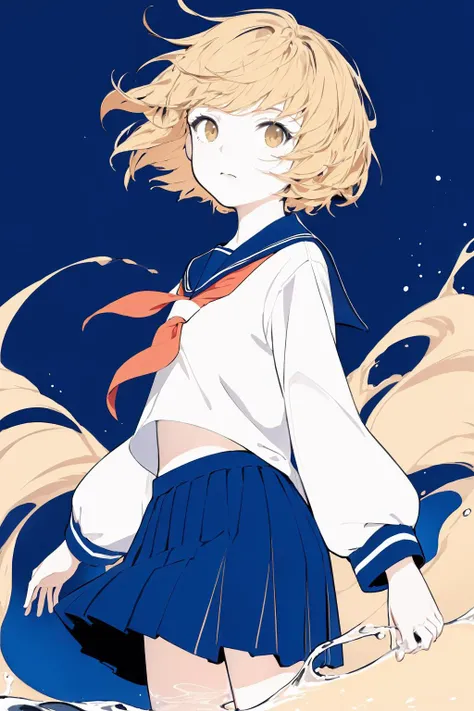 (masterpiece, best quality:1.3), (flat color:1.3),(colorful:1.3),looking at viewer,1girl,solo,floating colorful water, (blonde hair:1.4, short hair), serafuku:1.4 <lora:SilvermoonMix04:1>