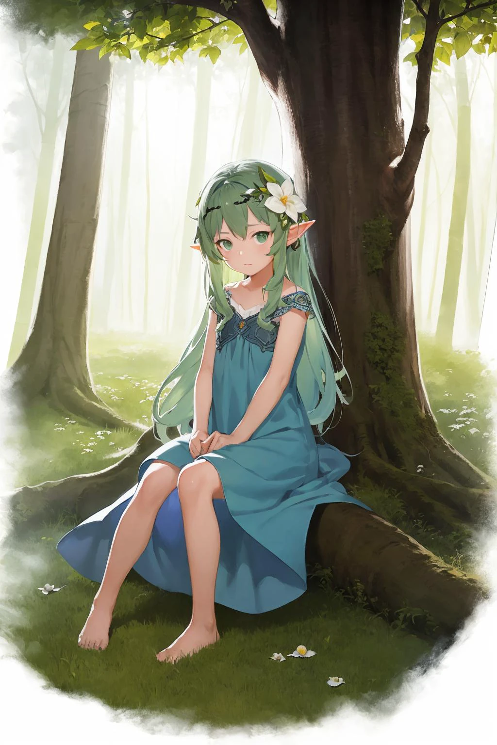 (masterpiece,best quality,illustration,official art:1.05),(tachi-e:1.12),full body,sitting,looking at viewer,solo,1girl,elf girl,long hair,green hair,[green|blue] eyes,dress,white hair flower,hair ornament,(8),(chiind,leaf,tree,forest, <lora:SilvermoonMix04:1>