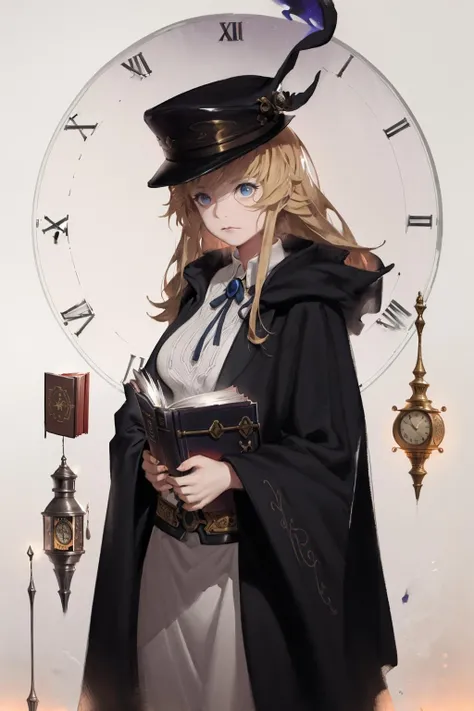 masterpiece, best quality, masterpiece,best quality,watercolor-painting,watercolor-paper,2020s_(style),extremely detailed CG unity 8k wallpaper,ultra-detailed, best illustration, detailed light, over exposure,an extremely delicate and beautiful,solo,1 girl close up,a girl looking at viewer,shiny,beautiful detailed eyes,round eyes,messy floating hair, small breasts,Shiny-messy-hair, extremely detailed background,depth of field,dynamic composition,cinematic-lighting,ink painting-background, fantasy,in-the-library,magic circle,bookshelfs,many books,long coat with fringe,European,scolar,10-years-old,black robe with embroidery,hat with embroidery,boots,long skirt,gorgeous fringe,thin-metal-decorations,antique,blonde-hair,daytime,vintage color,french braid,magic books,tower of books,floating many books,clock,long hair,detailed clothes,100-layer-dress, parted bangs,<lora:SilvermoonMix04_2:1>