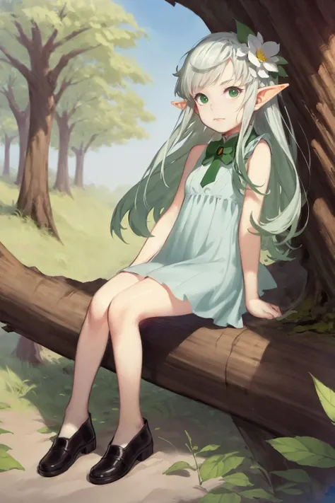 (masterpiece,best quality,illustration,official art:1.05),(tachi-e:1.12),full body,sitting,looking at viewer,solo,1girl,elf girl,long hair,green hair,[green|blue] eyes,dress,white hair flower,hair ornament,(age8),(child),wind,leaf,tree,forest,  <lora:SilvermoonMix04_2:1>