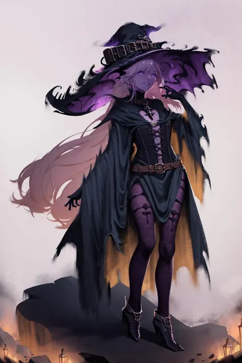 1girl, looking down, solo, (full body:0.6), detailed background, (gothichorrorai, gothic theme:1.1), light smile, witch hat, witch, magical atmosphere, hair flowing in the wind, purple trimmed light colored clothes, dynamic pose, colorful glowing magic spell in the air, dark magic, (style-swirlmagic:0.8), floating particles, underground dungeon background, dim light, <lora:SilvermoonMix04_2:1>