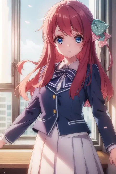 sakuraminamoto, <lora:sakura minamoto s2-lora-nochekaiser:1>,
sakura minamoto, blue eyes, long hair, red hair, one side up, hair bow, green bow, red bow, ahoge, polka dot, polka dot bow,
BREAK bowtie, long sleeves, school uniform, serafuku, skirt, white skirt,
BREAK indoors, classroom,
BREAK looking at viewer, (cowboy shot:1.5),
BREAK <lyco:GoodHands-beta2:1>, (masterpiece:1.2), best quality, high resolution, unity 8k wallpaper, (illustration:0.8), (beautiful detailed eyes:1.6), extremely detailed face, perfect lighting, extremely detailed CG, (perfect hands, perfect anatomy),