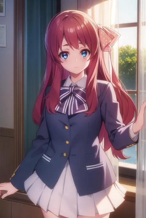 sakuraminamoto, <lora:sakura minamoto s2-lora-nochekaiser:1>,
sakura minamoto, blue eyes, long hair, red hair, one side up, hair bow, green bow, red bow, ahoge, polka dot, polka dot bow,
BREAK bowtie, long sleeves, school uniform, serafuku, skirt, white skirt,
BREAK indoors, classroom,
BREAK looking at viewer, (cowboy shot:1.5),
BREAK <lyco:GoodHands-beta2:1>, (masterpiece:1.2), best quality, high resolution, unity 8k wallpaper, (illustration:0.8), (beautiful detailed eyes:1.6), extremely detailed face, perfect lighting, extremely detailed CG, (perfect hands, perfect anatomy),