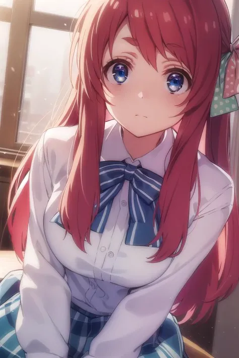 sakuraminamoto, <lora:sakura minamoto s2-lora-nochekaiser:1>,
sakura minamoto, blue eyes, long hair, red hair, one side up, hair bow, green bow, red bow, ahoge, polka dot, polka dot bow,
BREAK bowtie, long sleeves, school uniform, serafuku, skirt, white skirt,
BREAK indoors, classroom,
BREAK looking at viewer, (cowboy shot:1.5),
BREAK <lyco:GoodHands-beta2:1>, (masterpiece:1.2), best quality, high resolution, unity 8k wallpaper, (illustration:0.8), (beautiful detailed eyes:1.6), extremely detailed face, perfect lighting, extremely detailed CG, (perfect hands, perfect anatomy),