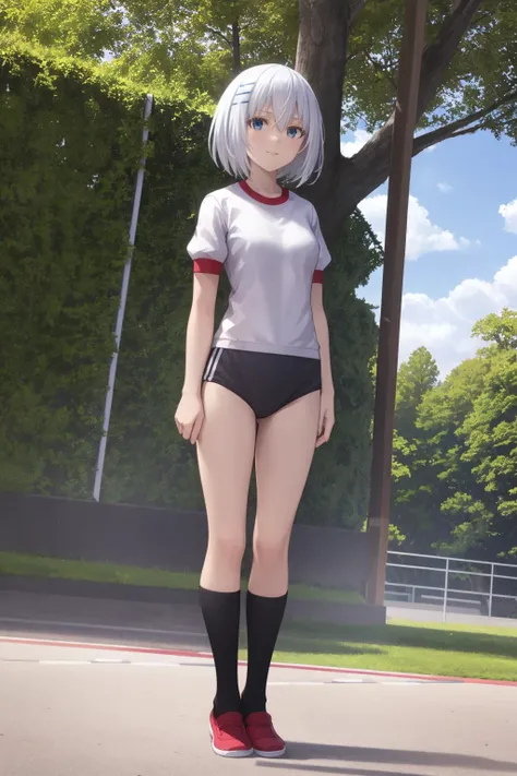 ultra-quality, ultla highres, Hyper Detailed, High contrast, Ultrafine Strike, creative refinement,A dark-haired, White gym clothes, Thick dark blue panties,playground,smile