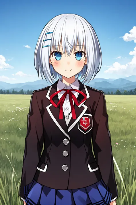 masterpiece, best quality,
1girl, tobiischool, white hair, hair between eyes, short hair, bangs, blue eyes, hair ornament,
blazer, jacket, school uniform, skirt, ribbon,
smile, blush, upper body, full body, solo, looking at viewer, grass, blue sky, meadow background <lora:OrigamiTobiichi:1>